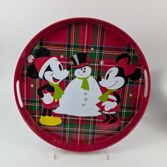 Mickey Minnie Mouse Christmas Tray Plates Serving Melamine Plaid Red Green New - Picture 2 of 16